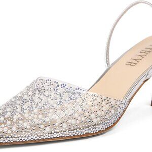 Women's Pearl Kitten Heels Silver Size 9.5 Pointed Toe Rhinestone Wedding